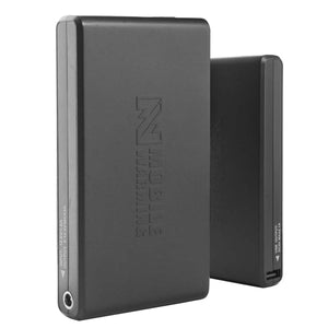 Two black rectangular mobile power banks with input and output specifications printed on the side