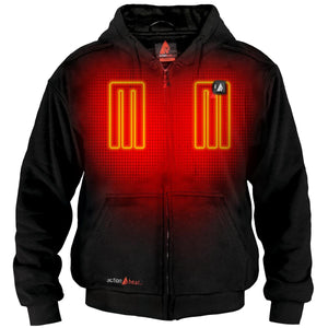 ActionHeat black zip up hoodie with visible glowing red heating elements on the chest