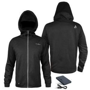 ActionHeat black hooded jacket shown from front and back with battery pack and charging cable