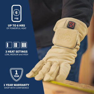 Gobi Heat glove showing six hour battery life three heat settings and one year warranty