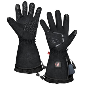 Pair of black heated winter gloves with battery compartment and textured palms