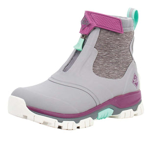 Muck grey and purple waterproof ankle boot with front zipper closure and white lug sole