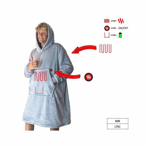 Person wearing a grey heated hoodie with an on off button and battery indicator diagram