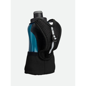 Blue handheld water bottle with black mesh strap and reflective detailing