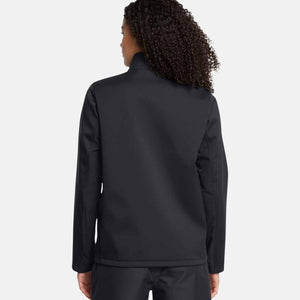 Back view of a person wearing a black long sleeve softshell jacket
