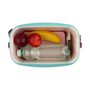 Open Polarbox cooler containing a water bottle banana and two plums