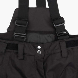 Black ski bib pants with adjustable shoulder straps and snap button closure