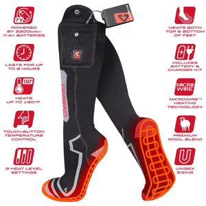 Gerbing heated socks with feature icons highlighting battery life, heat settings, and wool blend material