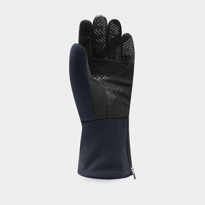Black athletic glove with textured grip pattern on palm and side zipper closure