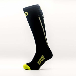 Black Hotronic heat sock with yellow toe and logo