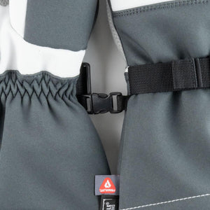 Grey and white winter gloves connected by a black plastic buckle with a Primaloft tag