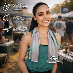 Woman wearing a Green Bay Packers cooling towel with text explaining mesh material and water activation