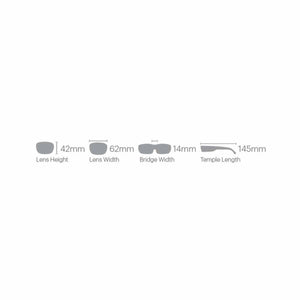 Eyewear sizing diagram showing lens height 42mm lens width 62mm bridge width 14mm and temple length 145mm