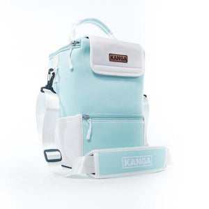 Light blue and white Kanga insulated cooler backpack with shoulder strap