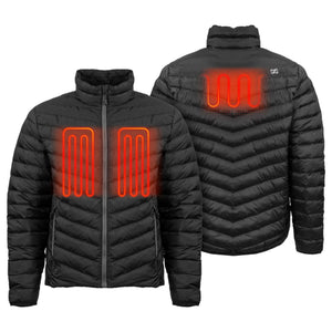 Mobile Warming black puffer jacket showing front and back heating elements