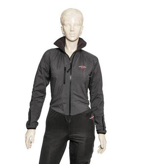 Mannequin wearing a black zip up windbreaker jacket with a high collar