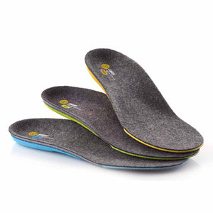 Three Sidas insoles with low blue mid green and high yellow arch support