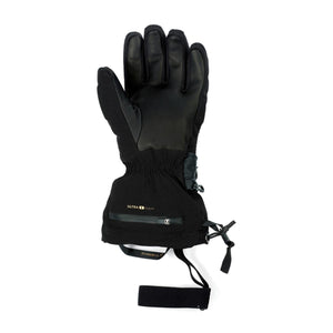 Black insulated glove with zippered pocket and adjustable wrist strap