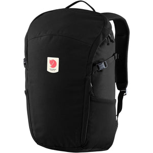 Black FjallRaven backpack with front logo patch and side compression straps