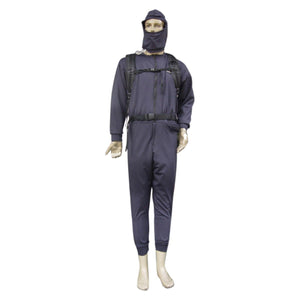 CompCooler navy blue liquid cooling jumpsuit with backpack and balaclava on a mannequin