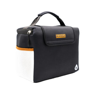 Black Kanga insulated cooler bag with top handle and white side mesh pocket