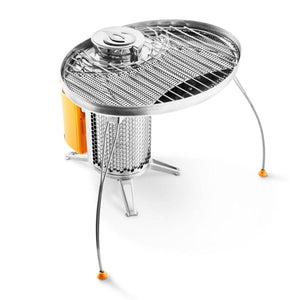 Portable BioLite CampStove with grill attachment on white background