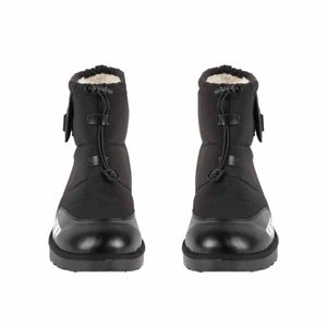 Pair of black insulated winter boots with toggle drawstring closure and faux fur lining