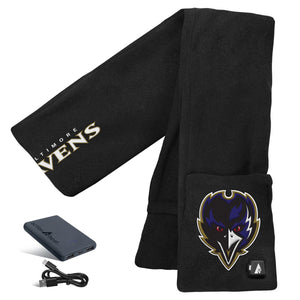 Black Baltimore Ravens heated fleece scarf with ActionHeat battery pack and charging cable