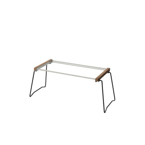 Portable camping table frame with metal legs and wooden side supports