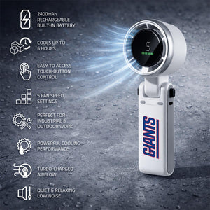 Cianis portable handheld fan with digital display and eight feature icons on a wet concrete background