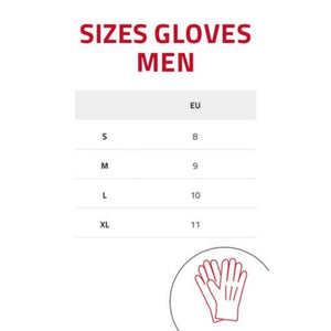 Lenz men glove size chart showing EU sizes for S M L and XL