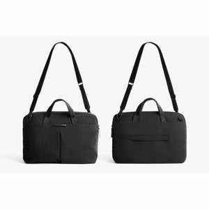 Front and back view of a black Bellroy laptop briefcase with shoulder strap
