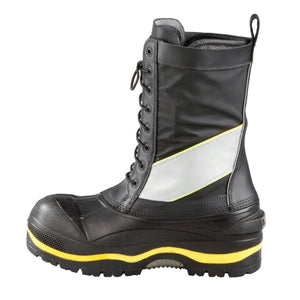 Black lace up work boot with reflective side panel and yellow sole trim