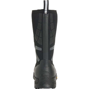 Back view of a black Muck knee high rubber boot with grey structural overlays