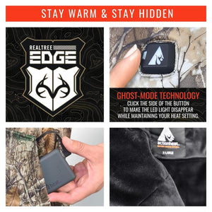 ActionHeat apparel features Realtree Edge camouflage and Ghost Mode button technology with external battery pack