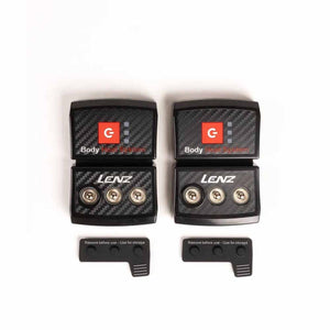 Two Lenz body heat system battery packs with protective storage caps