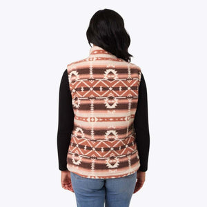 Back view of a Mobile Warming fleece vest with a brown and cream geometric pattern