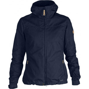 FjallRaven navy blue hooded jacket with front zipper and side pockets