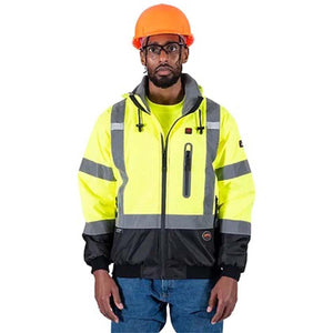 Man wearing a Pioneer high visibility yellow and black safety jacket with reflective stripes and an orange hard hat