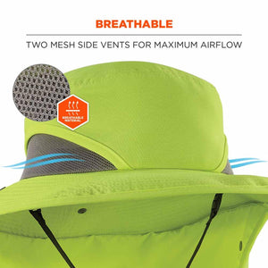 Lime green sun hat with grey mesh side vents for airflow