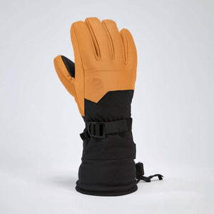 Tan and black insulated winter glove with adjustable wrist strap