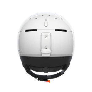 Back view of a white POC ski helmet with a goggle clip and adjustable strap
