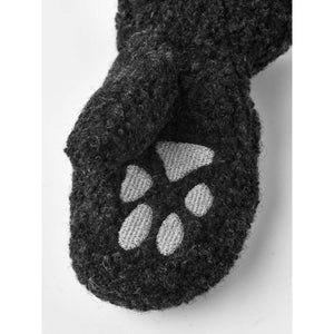 Black fuzzy mitten with embroidered white paw print detail