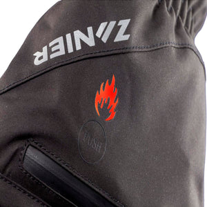 Zanier black glove detail with flame icon and push button