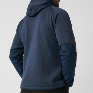 Back view of a blue FjallRaven hooded fleece jacket with reinforced elbow patches