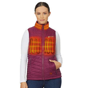 Woman wearing a purple Venture Heat heated vest with visible heating elements on the chest and collar