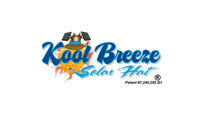 Kool Breeze Solar Hat logo with blue script text, a smiling sun, and a hat topped with solar panels and a fan. Patent #7,290,292 B1 is also visible.