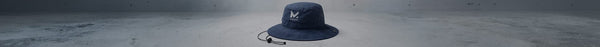 A dark blue bucket hat with a white 