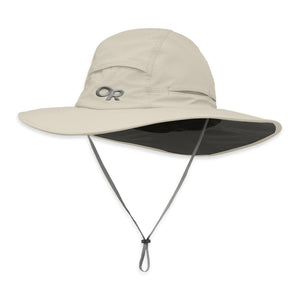 Outdoor Research beige sun hat with wide brim and adjustable chin strap