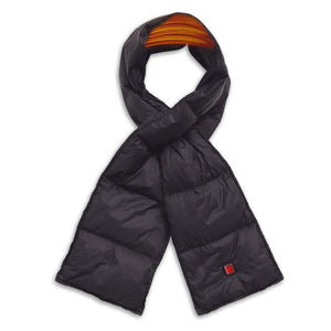 Venture Heat black quilted heated scarf with orange heating element graphic